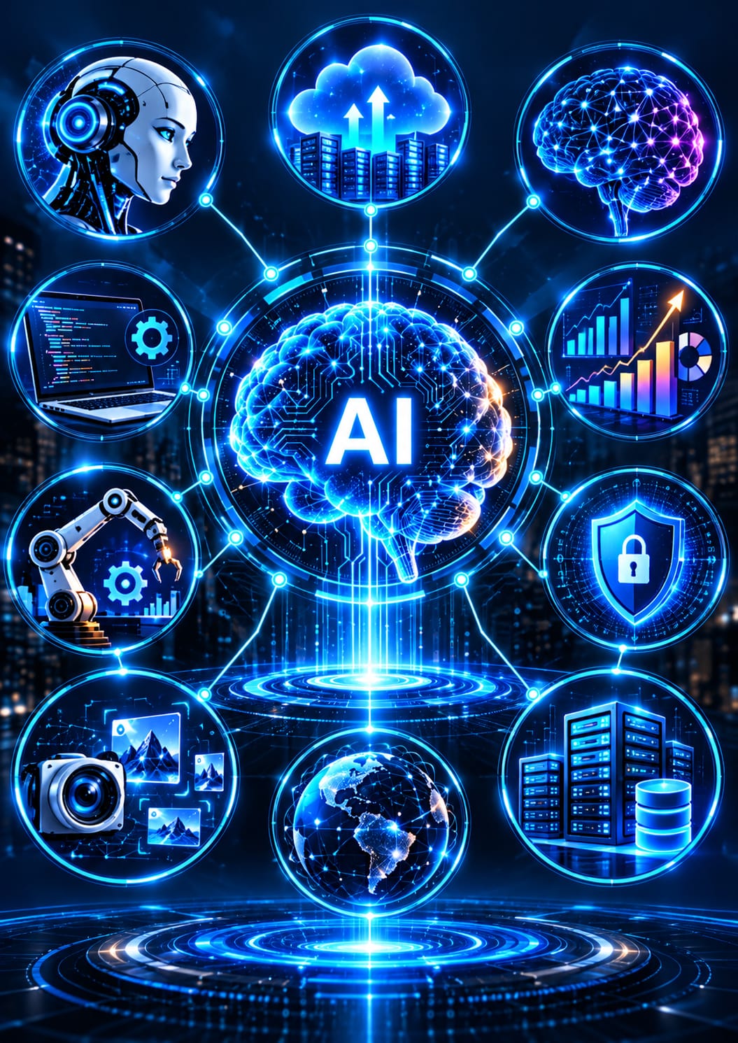 AI brain connected to cloud computing, robotics, analytics and cybersecurity
