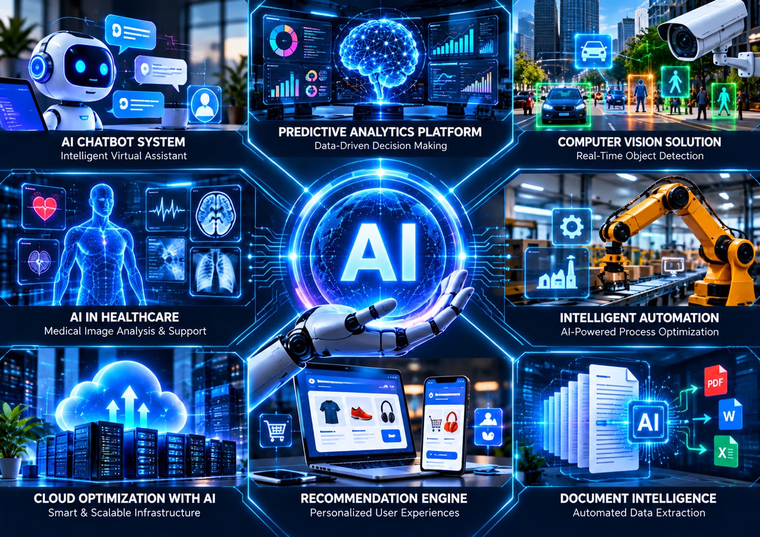 AI solutions including chatbots, predictive analytics, computer vision and automation