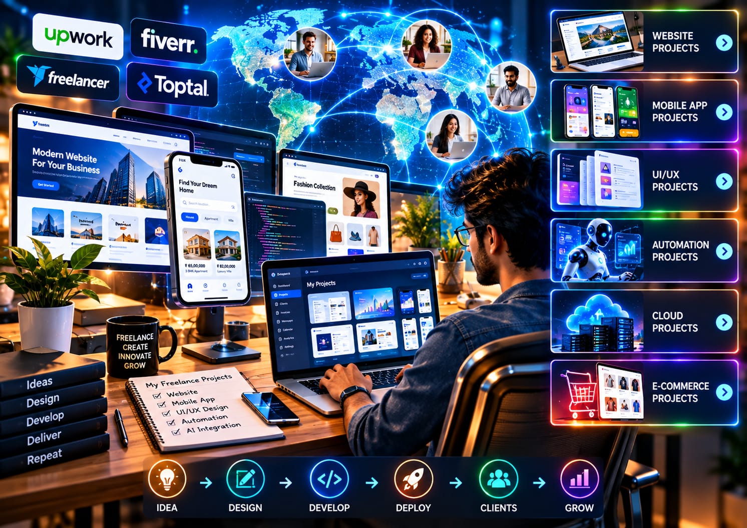 Freelancer developing websites and applications for global clients