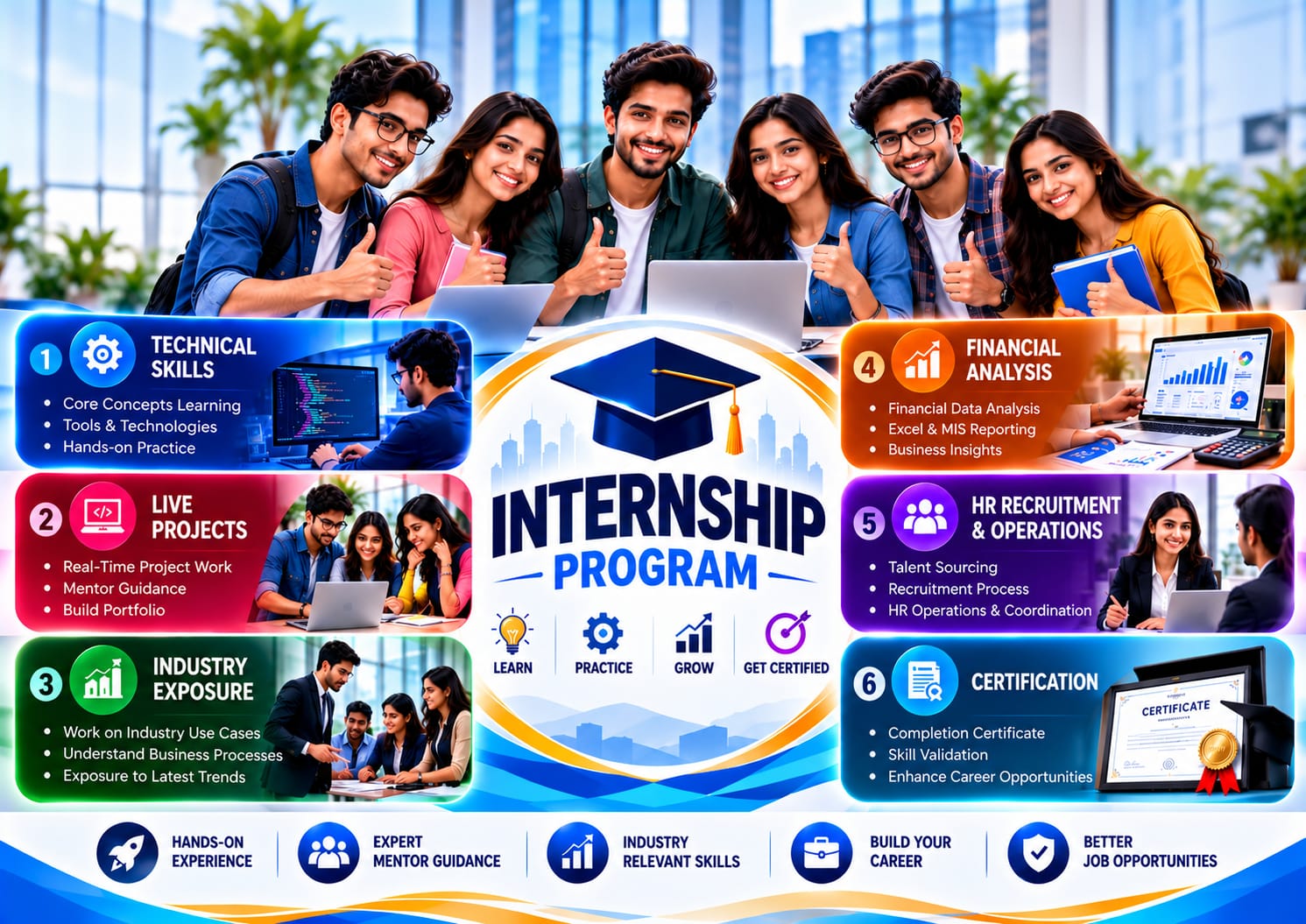 Internship program featuring technical skills, live projects, industry exposure and career development